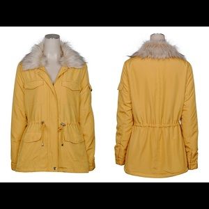 Woman Mustard Anorak Puffer Jacket,faux fur collar